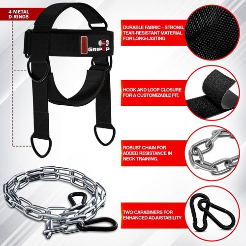 GripUp Neck Harness for Strength Training – Heavy Duty Adjustable Head Strap with Chain & D-Ring – Neck Exerciser for Athletes, Wrestlers, MMA, Boxing & Fitness