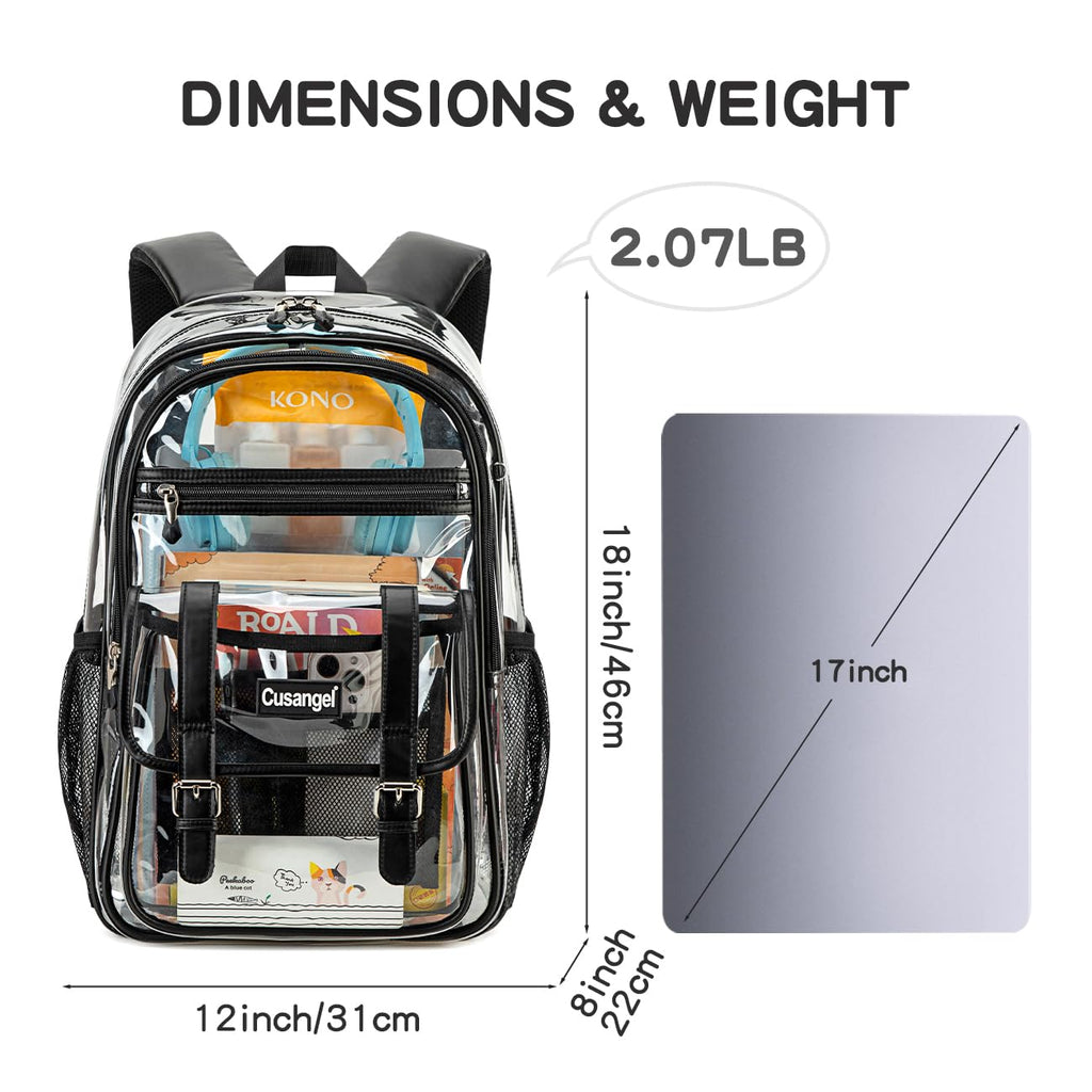 Cusangel TPU Clear backpack for Girls women,18" See Through Heavy Duty Bookbag,warehouses, school and other security check locations (Black)