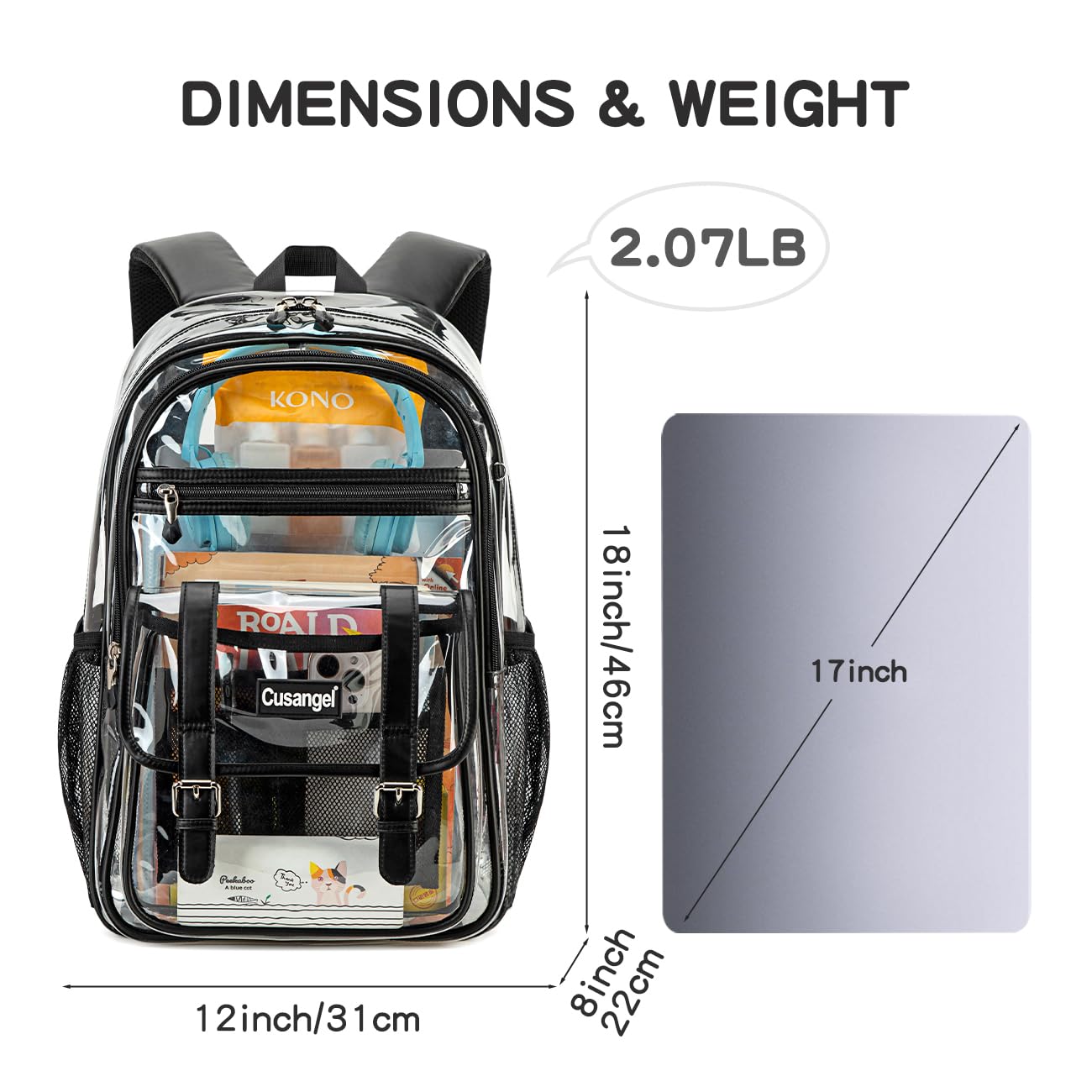 Cusangel TPU Clear backpack for Girls women,18" See Through Heavy Duty Bookbag,warehouses, school and other security check locations (Black)