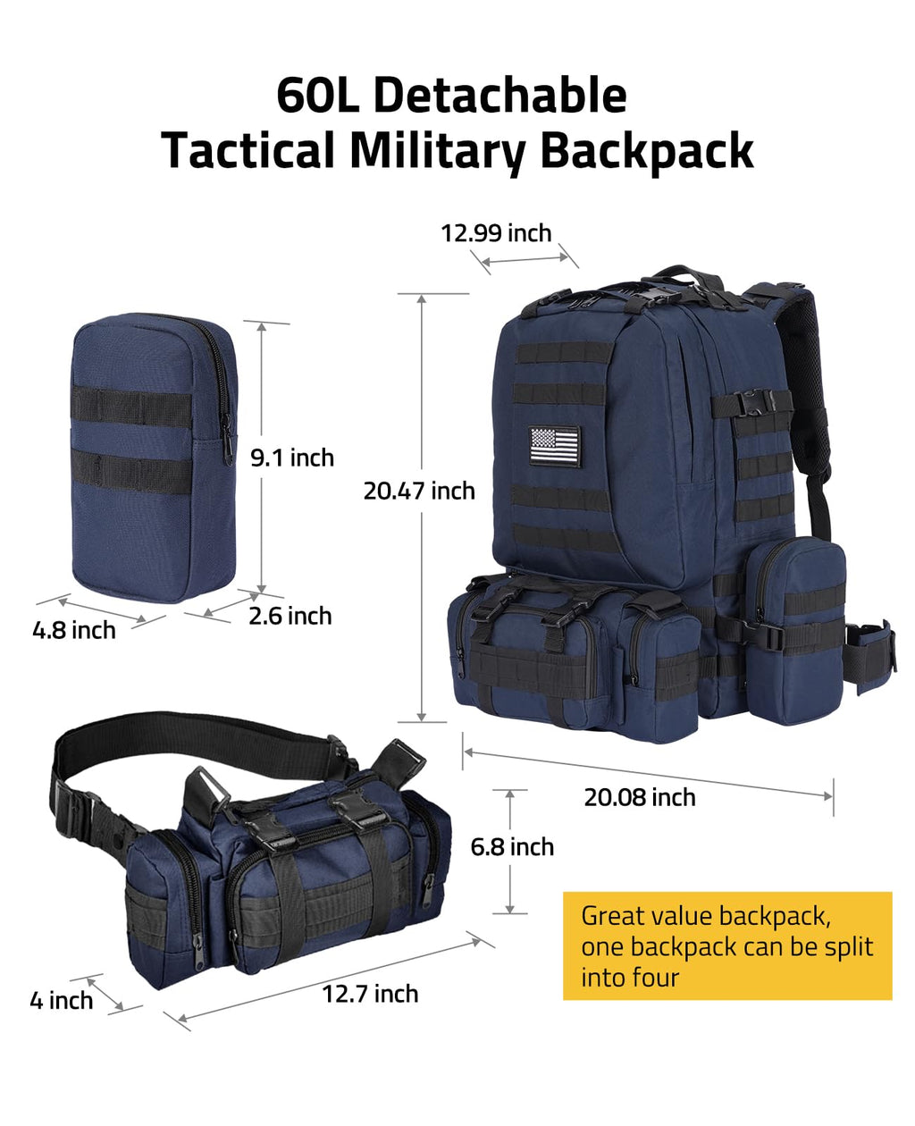 CVLIFE Tactical Backpack Military Army Rucksack 60L Large Assault Pack Detachable Molle Bag, Blue
