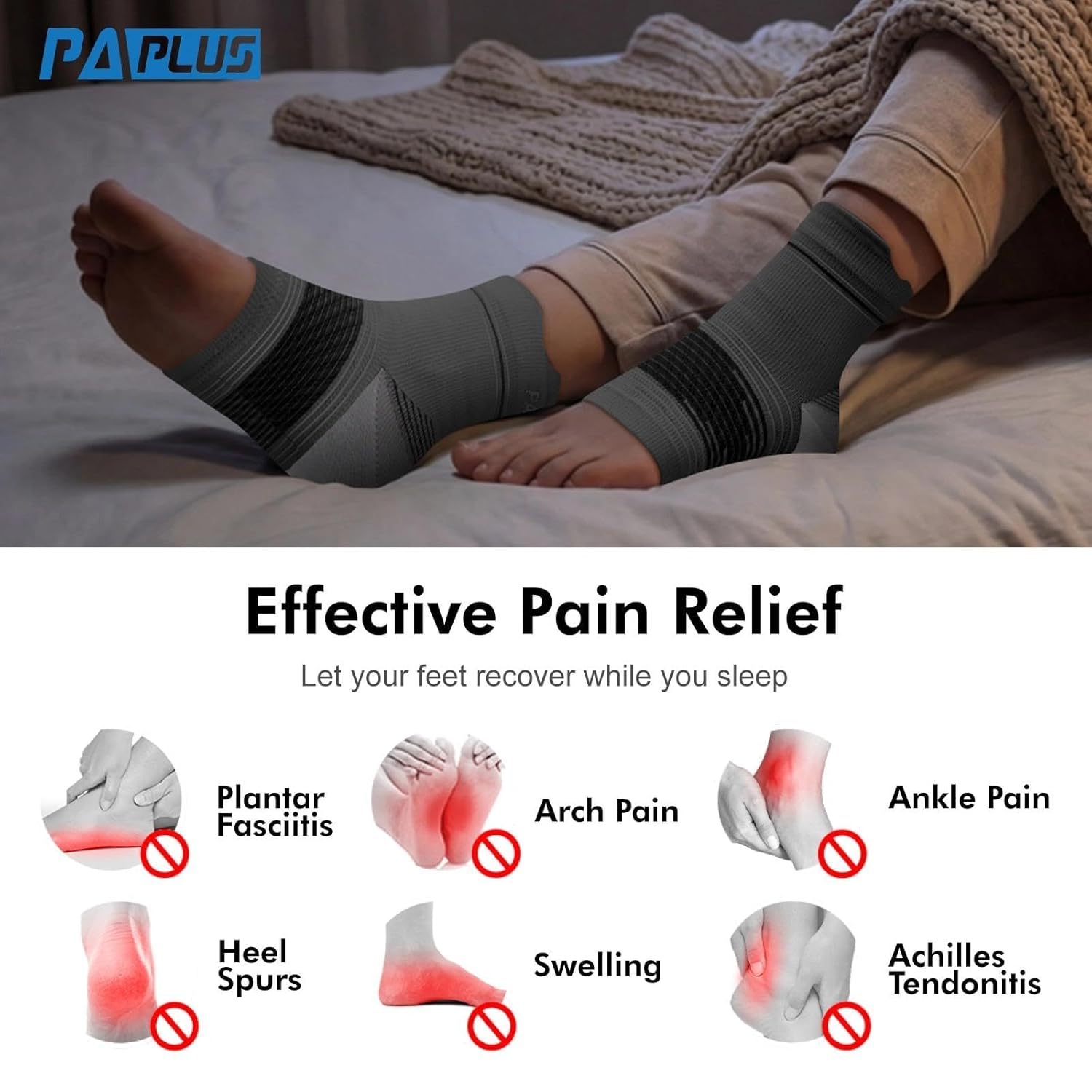 Skiennix Plantar Fasciitis Socks - Compression Ankle Brace with Arch Support for Pain Relief | Black, Gray, White, Small