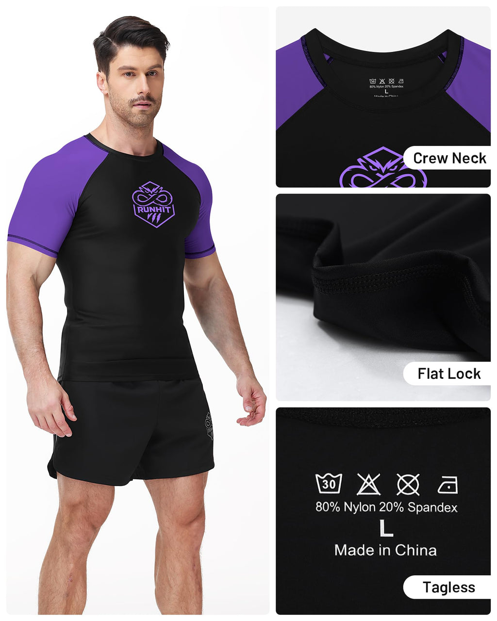 Runhit Men’s BJJ Rash Guard Short Sleeve No Gi Ranked Jiu Jitsu Compression Shirt for MMA Grappling Swimming Training Base Layer Quick Dry Purple XL