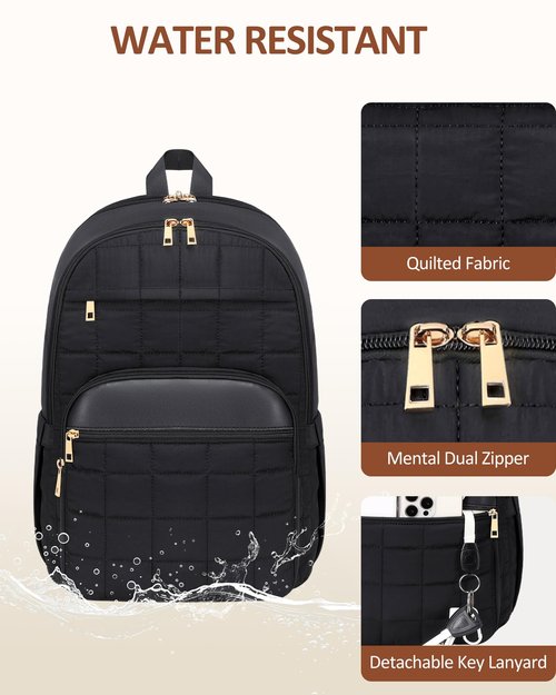 CAMTOP Work Backpack for Women, Travel Backpack with Insulated Pocket, Puffer Quilted College Bookbag Fits 15.6 Inch, Casual Daypack Backpacks for Bussiness Teacher Nurse, Black