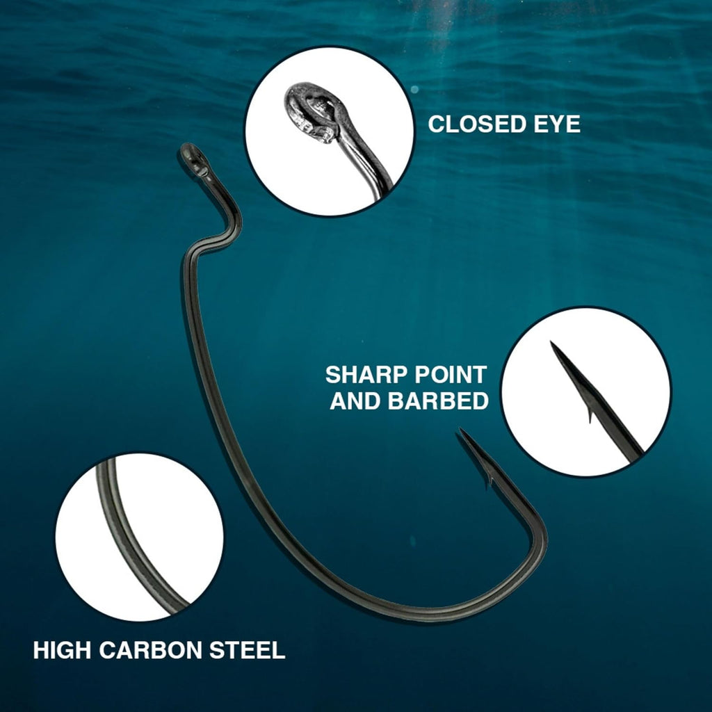 Reaction Tackle Offset EWG Worm Hooks - Super Strong Wide Gap for Texas Rig Soft Plastics | 25 Pack