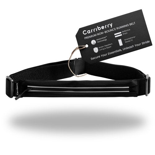 Carriberry Running Belt - Running Fanny Pack for Training, Jogging, and Walking, Slim, Waterproof, Expandable, Waist Bag, Money Keys Cards Phone Holder with Reflective Zipper (Black)