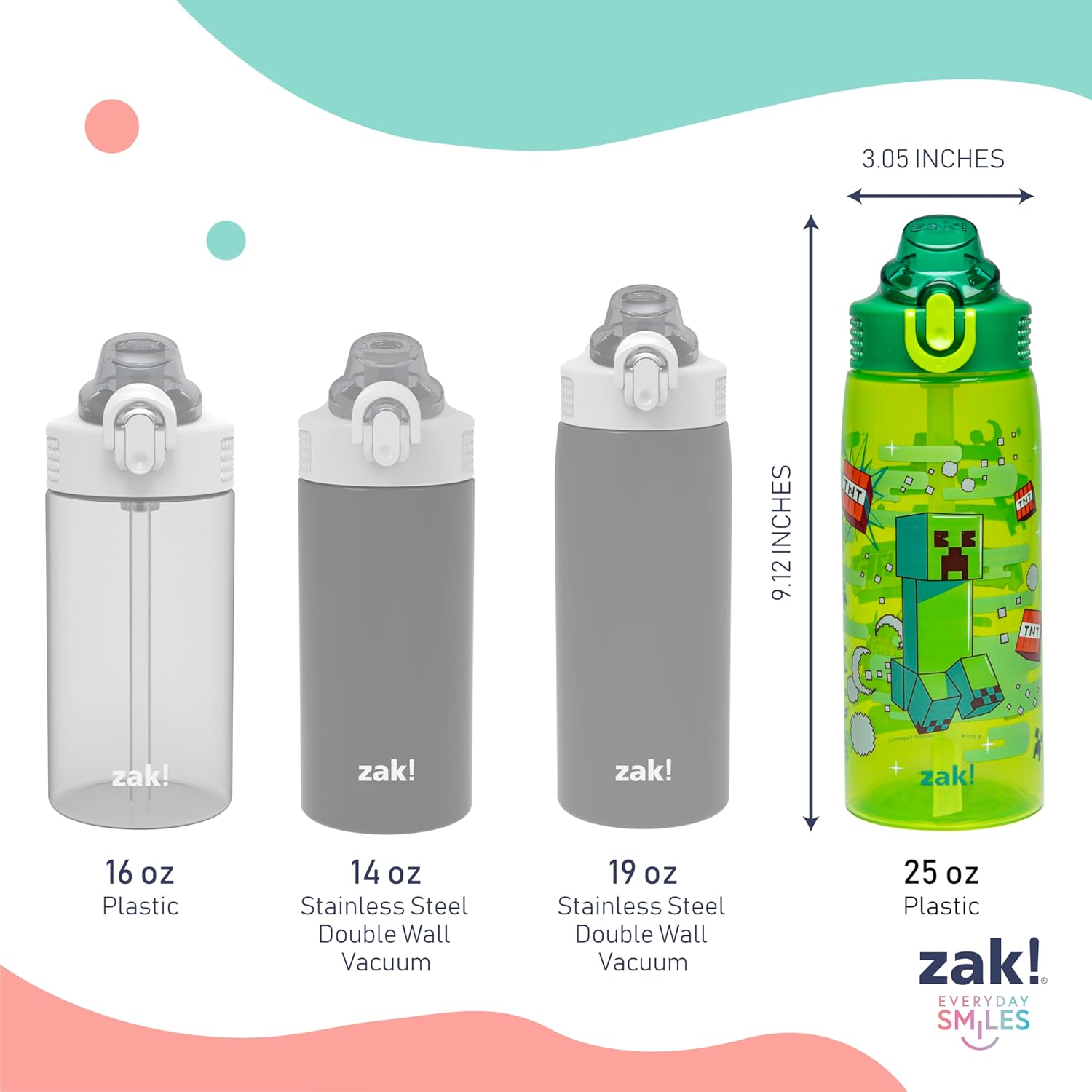 Zak Designs Minecraft Water Bottle - 25oz Durable Plastic with Straw, Handle & Leak-Proof Cover (Creeper)