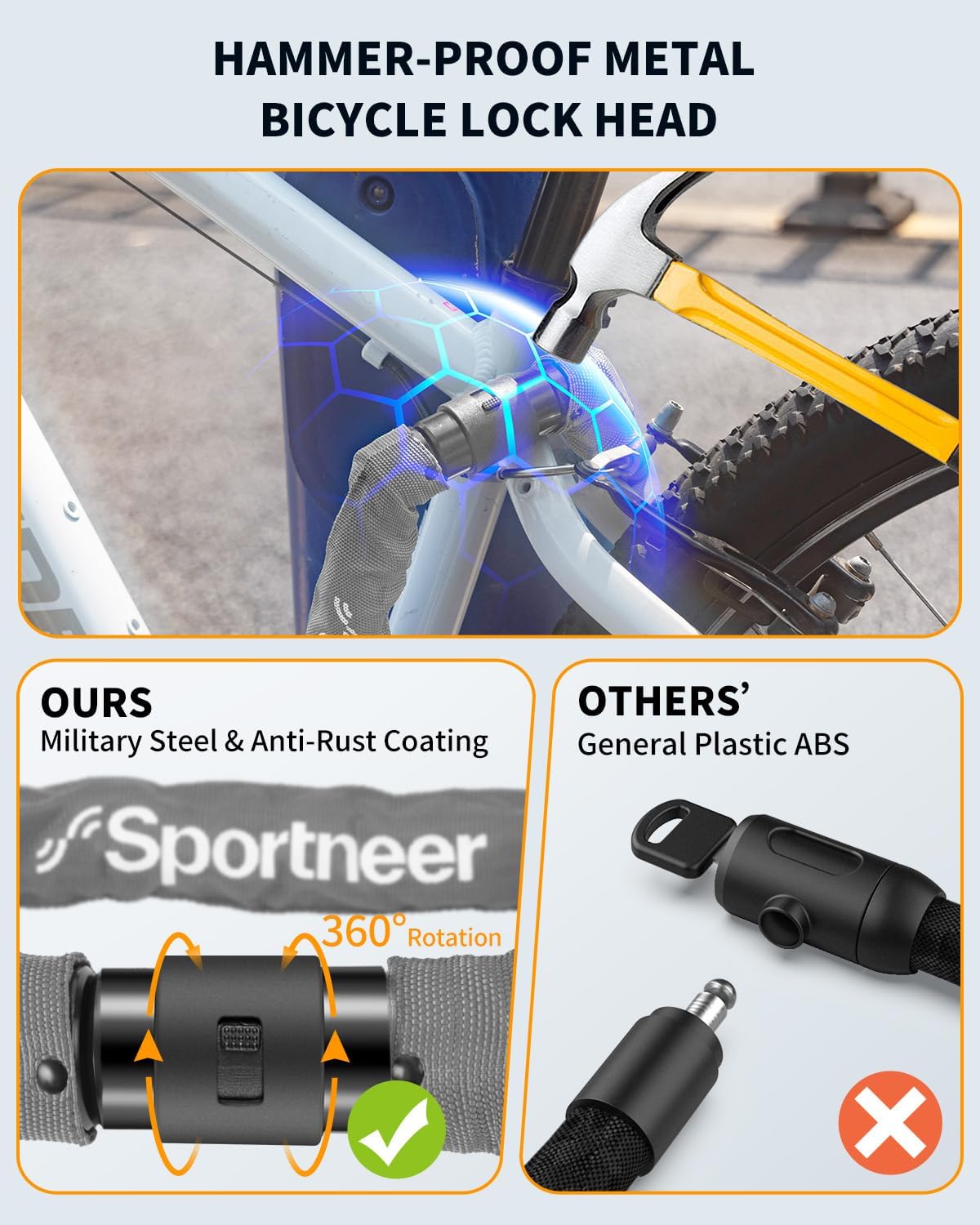 Sportneer Bike Lock - Heavy Duty 3.2ft Anti-Theft Chain Lock with 2 Keys | 8mm Thick Grey Design