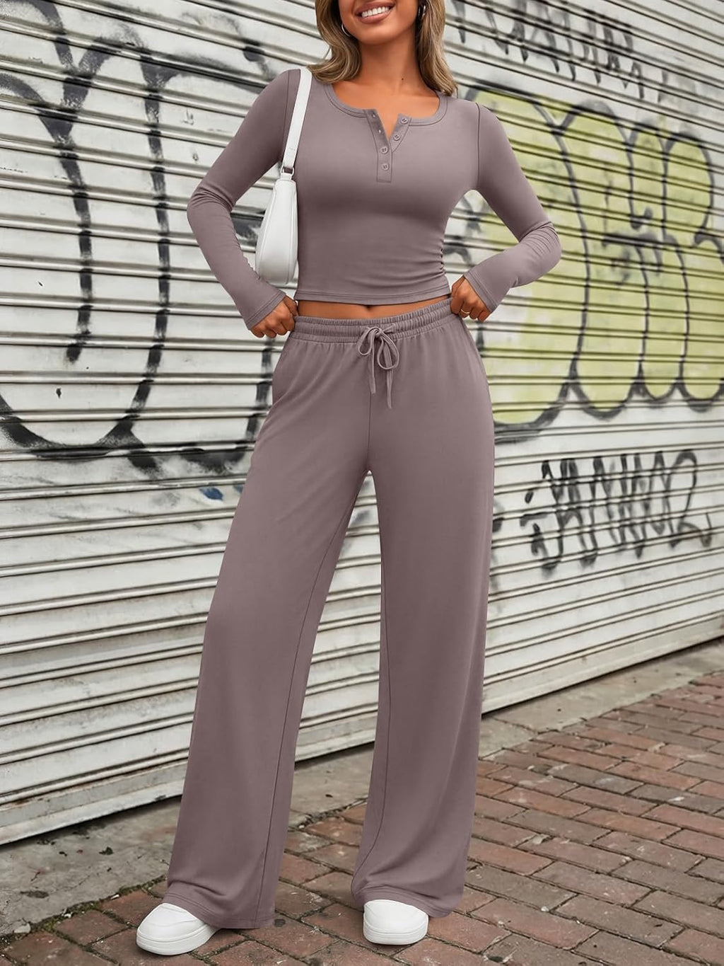 Trendy Queen Women's Lounge Set - Long Sleeve Crop Top & Wide Leg Pants | Casual Comfort