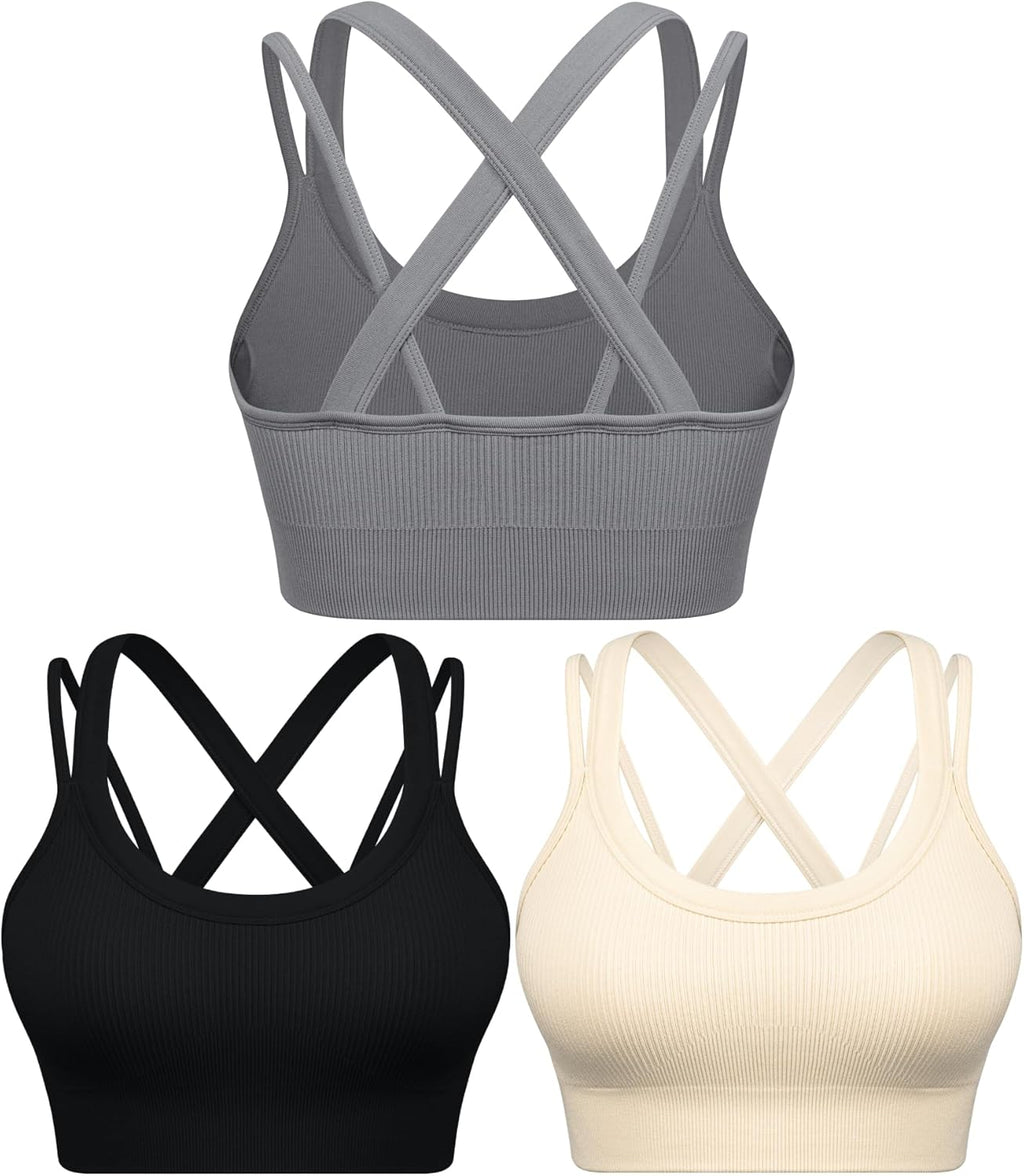 WANAYOU High Support Sports Bras for Women - Ribbed Strappy Criss Cross Back Workout Bra | 3 Pack