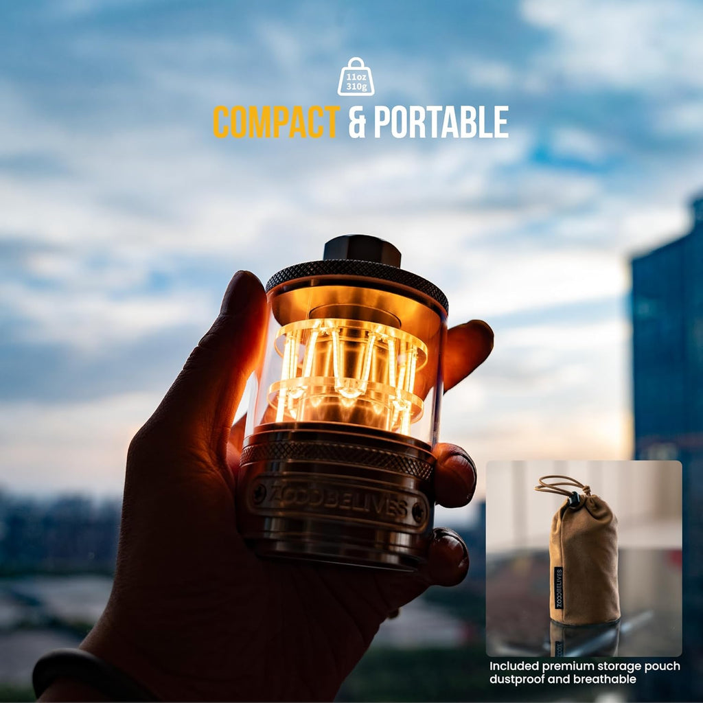 ZOOOBELIVES Vintage Aluminum Camping Lantern - Dimmable Warm Glow, USB-C 72H Runtime, IPX4 Waterproof for Hiking & Glamping