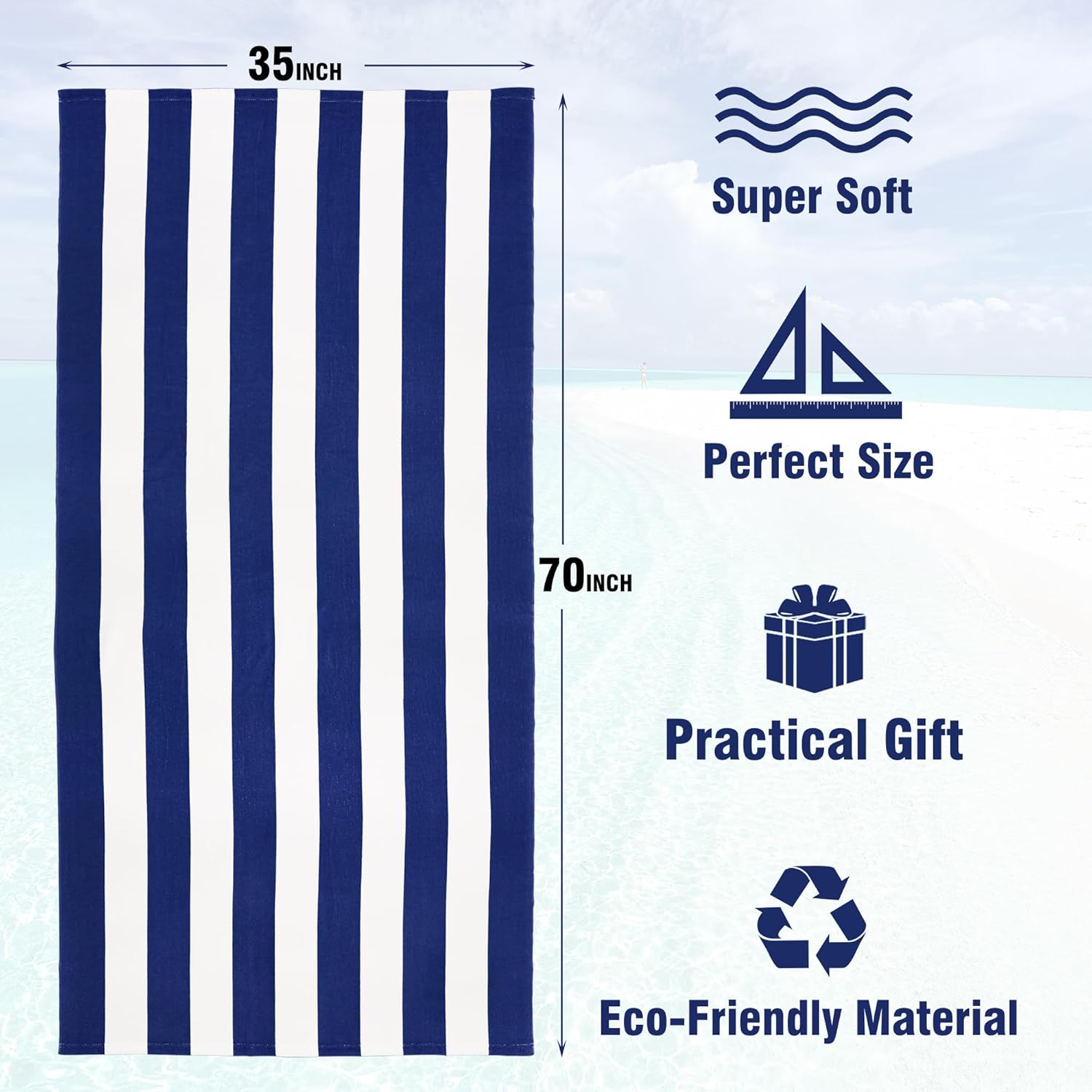 Regine Switzerland Large Oversized Beach Towel - 35 x 70 Inch Navy Striped Quick-Dry Microfiber