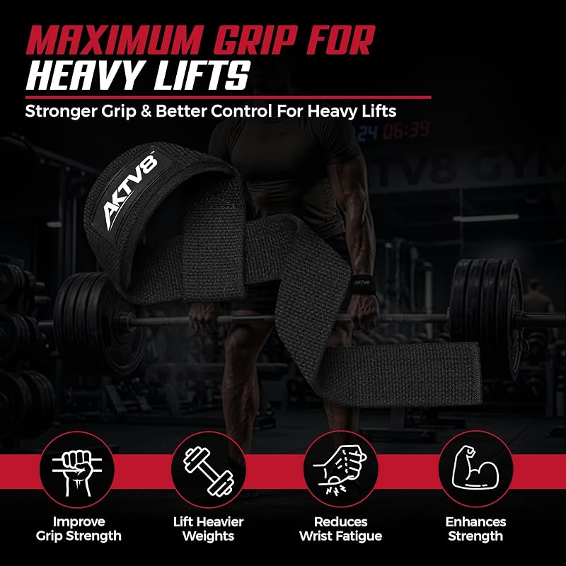 AKTV8 23” Lifting Straps with 4mm Neoprene Padding – Black, Padded Wrist Straps for Deadlifts
