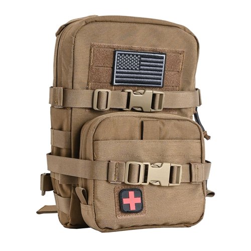Tactical Mini Molle Hydration Pack,Molle Hydration Carrier with IFAK Pouch&US Flag&Med Patch,Hydropack for 2L Water Bladder (Coyote Brown)
