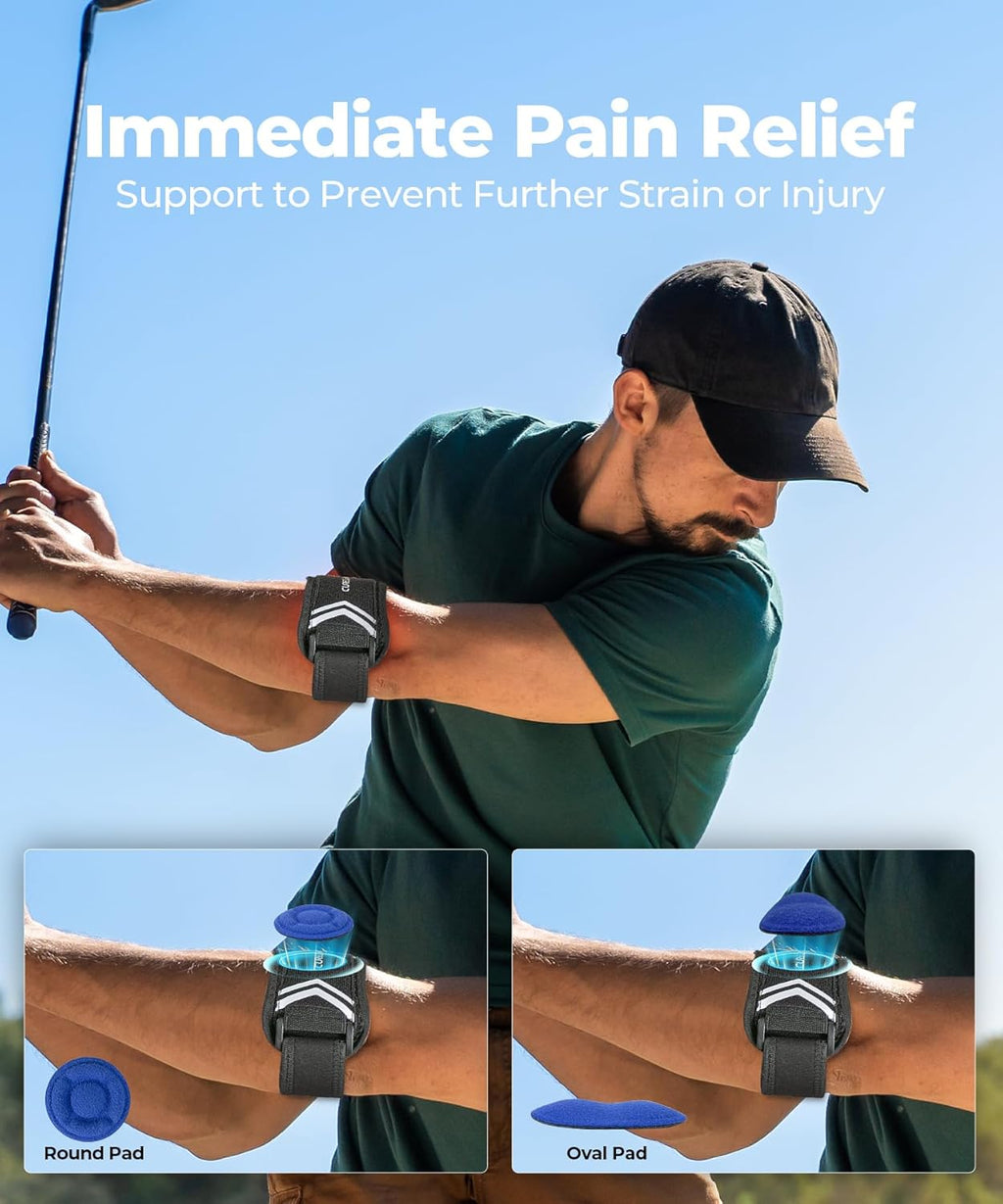 Upgraded Regine Switzerland Tennis & Golf Elbow Brace - Targeted Support Forearm Compression, Adjustable Strap (Black)