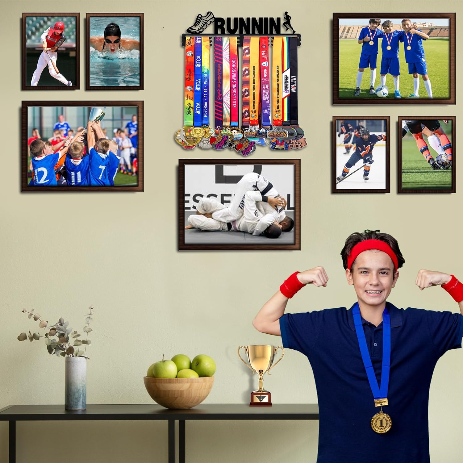 Skiennix Personalized Medal Holder - Custom Name Display Rack for 60 Awards Ribbons | Wall-Mounted Metal Hanger for Athletes