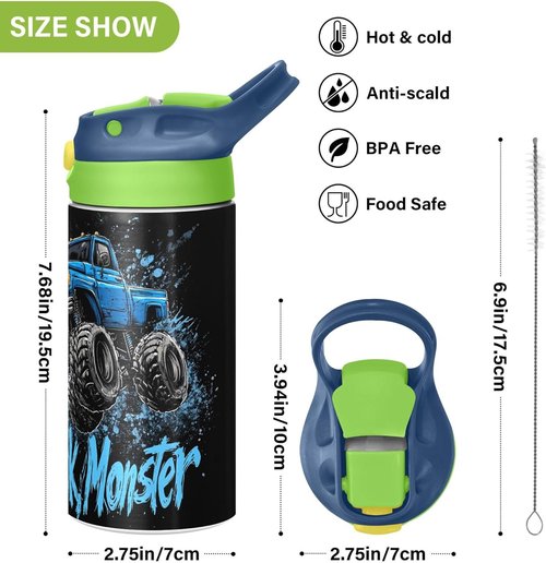 Monster Truck | Black Kids Water Bottle - Vacuum Insulated, Leak-Proof, 12 oz with Straw & Handle for Ages 4-8