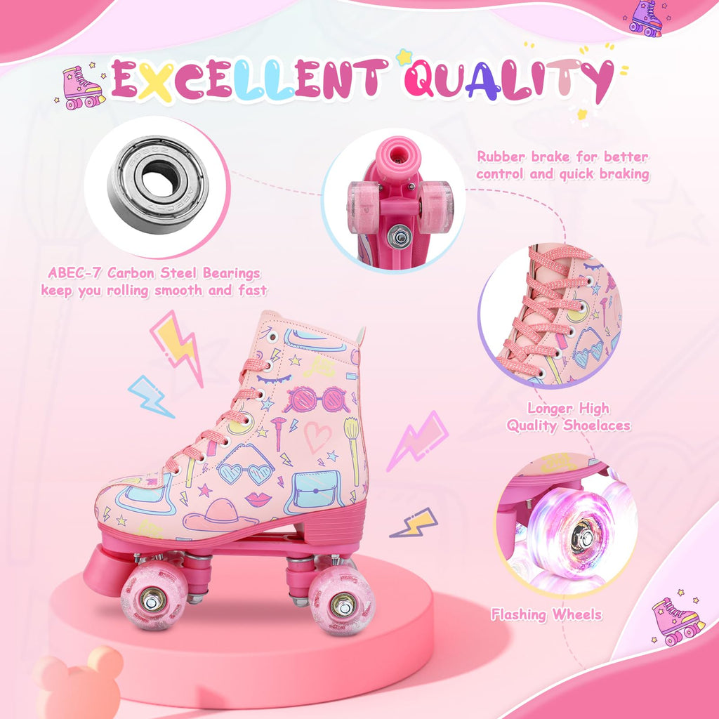 XUDREZ Roller Skates for Girls and Women, Stylish Pattern Pink Roller Skates with Light Up Wheels for Kids Youth Girls Ages 6-12 Indoor Outdoor (Pink,33-Youth 2)
