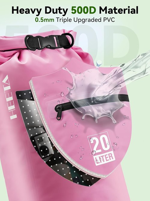 HEETA Waterproof Dry Bag - Lightweight Roll Top Storage with Front Zippered Pocket | 5L/10L/20L/30L/40L for Travel, Kayaking, Camping & More