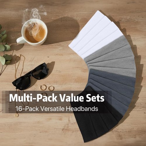 Huachi Headbands for Women - Non-Slip 16 Pack Elastic Sports Hair Bands | Soft Cotton for Yoga & Workouts - Black, White, Gray