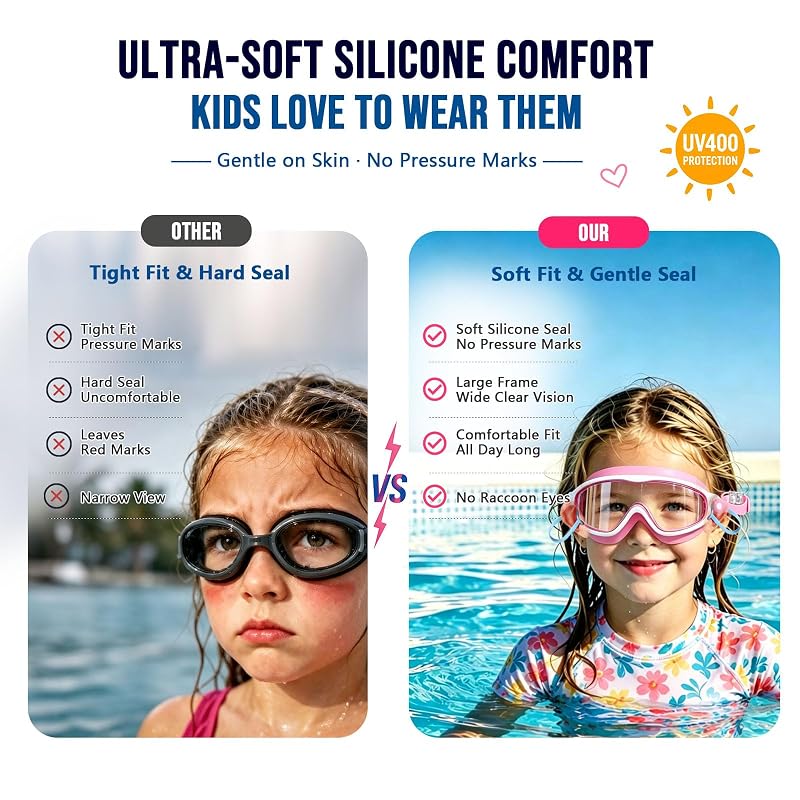 Kids Swim Goggles Anti-Fog Panoramic 180° View for Girls & Boys 3-16 – Pink/Green & Pink/White