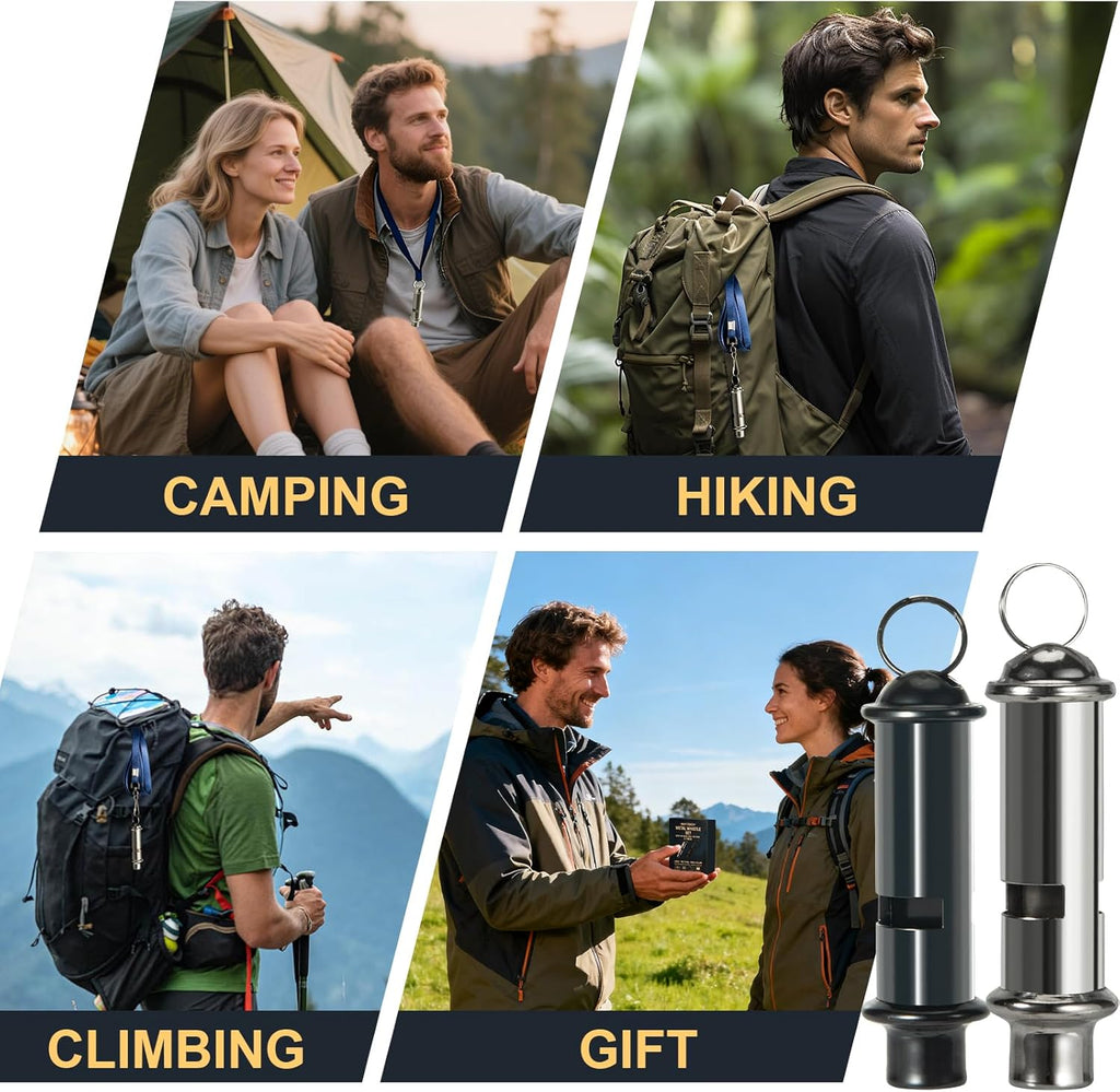 Skiennix Emergency Whistles - 120dB Pealess Safety Whistles with Nylon Lanyards & Case | Black & Silver, Ideal for Hiking & Camping