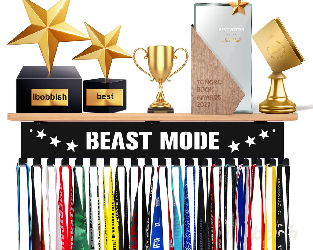 iBobbish Beast Mode Trophy and Medal Hanger Display Shelf,Trophy Medal Hanger Display in Black Metal Wall Mount Over Big Medals Trophy Display Shelf with Gifts Box