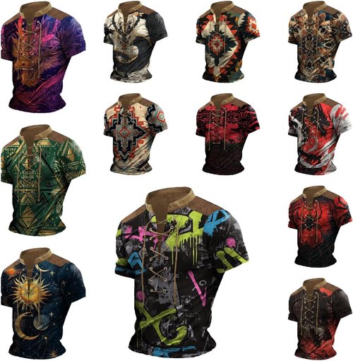 Domirica Tactical Henley Shirts for Men - Short Sleeve Crewneck Retro Pullover | Big & Tall Muscle Tee
