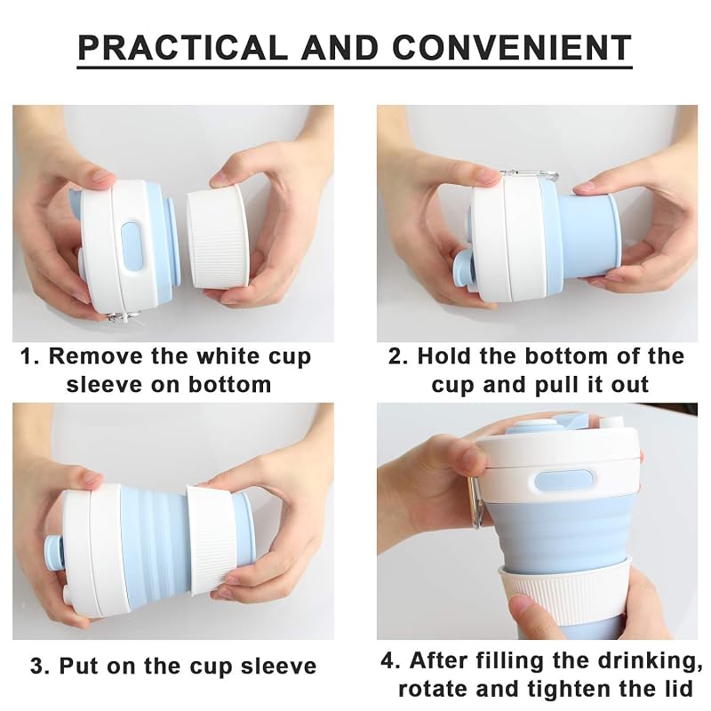 Collapsible 16oz/450ml Silicone Coffee Cup with Straw - Gray, Portable Travel Camp Cup