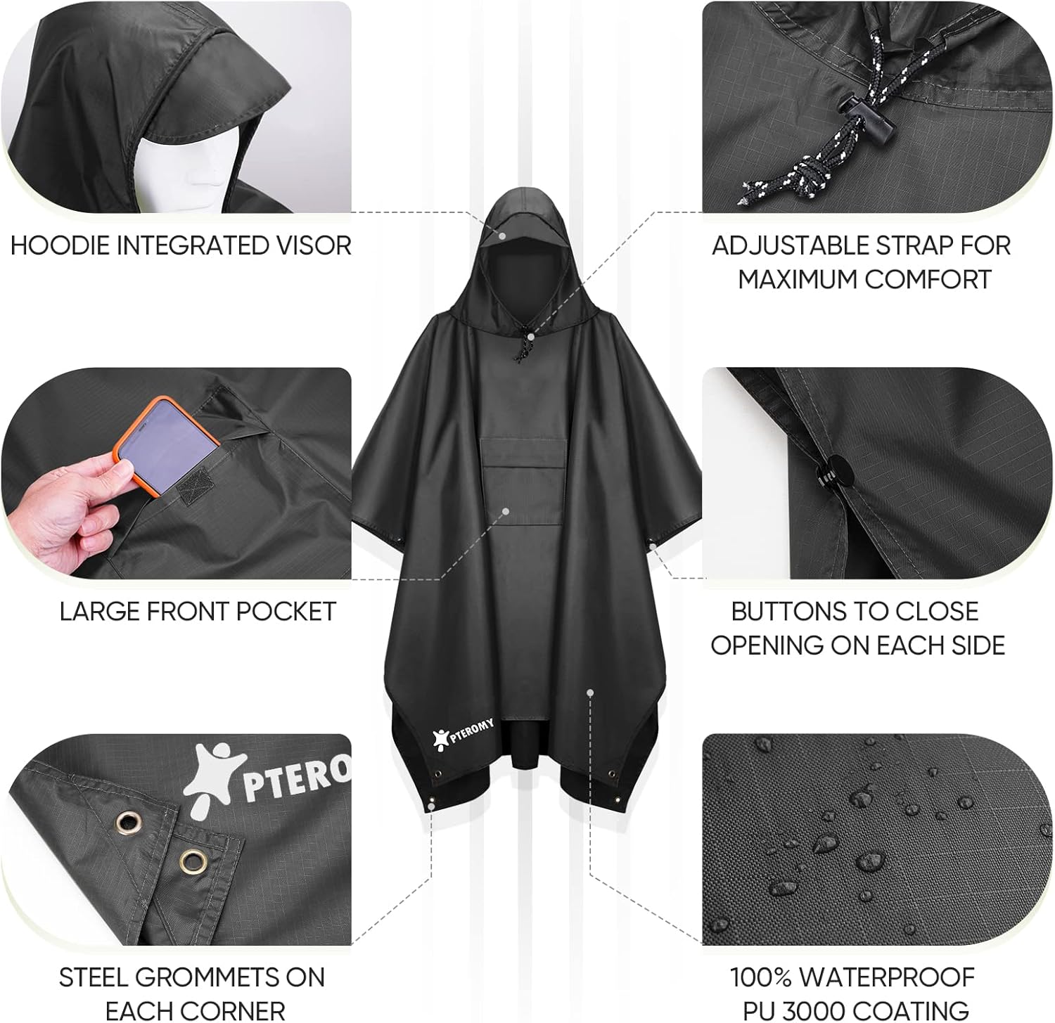PTEROMY 3-in-1 Hooded Rain Poncho - Waterproof Lightweight Unisex Raincoat for Hiking & Camping