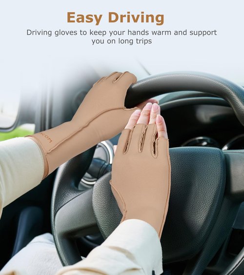 NURCOM Compression Arthritis Gloves, Rheumatoid Pain Relief Compression Gloves for Women & Men, Premium Fingerless Circulation Gloves for Arthritis & Joint Pain, Swelling, Tendonitis, 1 Pair Beige M