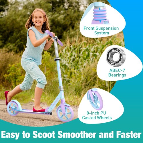 BELEEV V5 Scooters for Kids 6 Years and up, Folding Kick Scooter 2 Wheel for Adults Teens, 4 Adjustable Handlebar, 230mm Big Wheels, Lightweight Sports Commuter Scooter, up to 220lbs(Blue Purple)