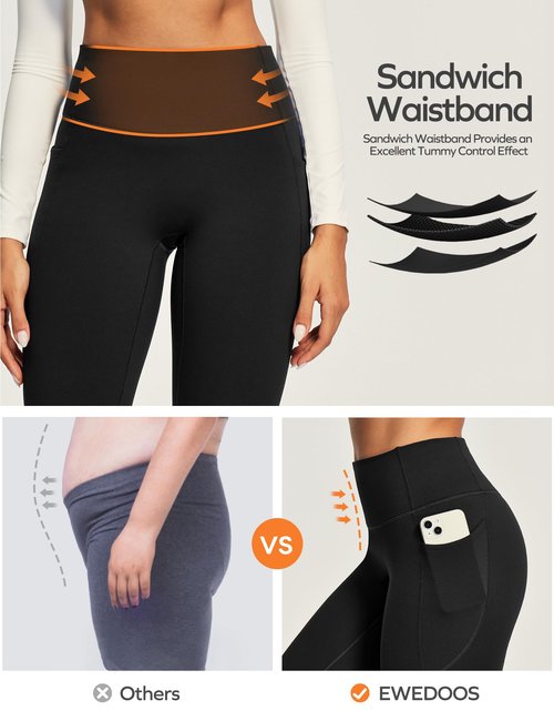 Ewedoos Fleece Lined Leggings Women No Front Seam Compression Thermal Leggings Tummy Control with Pockets Warm Yoga Pants Black