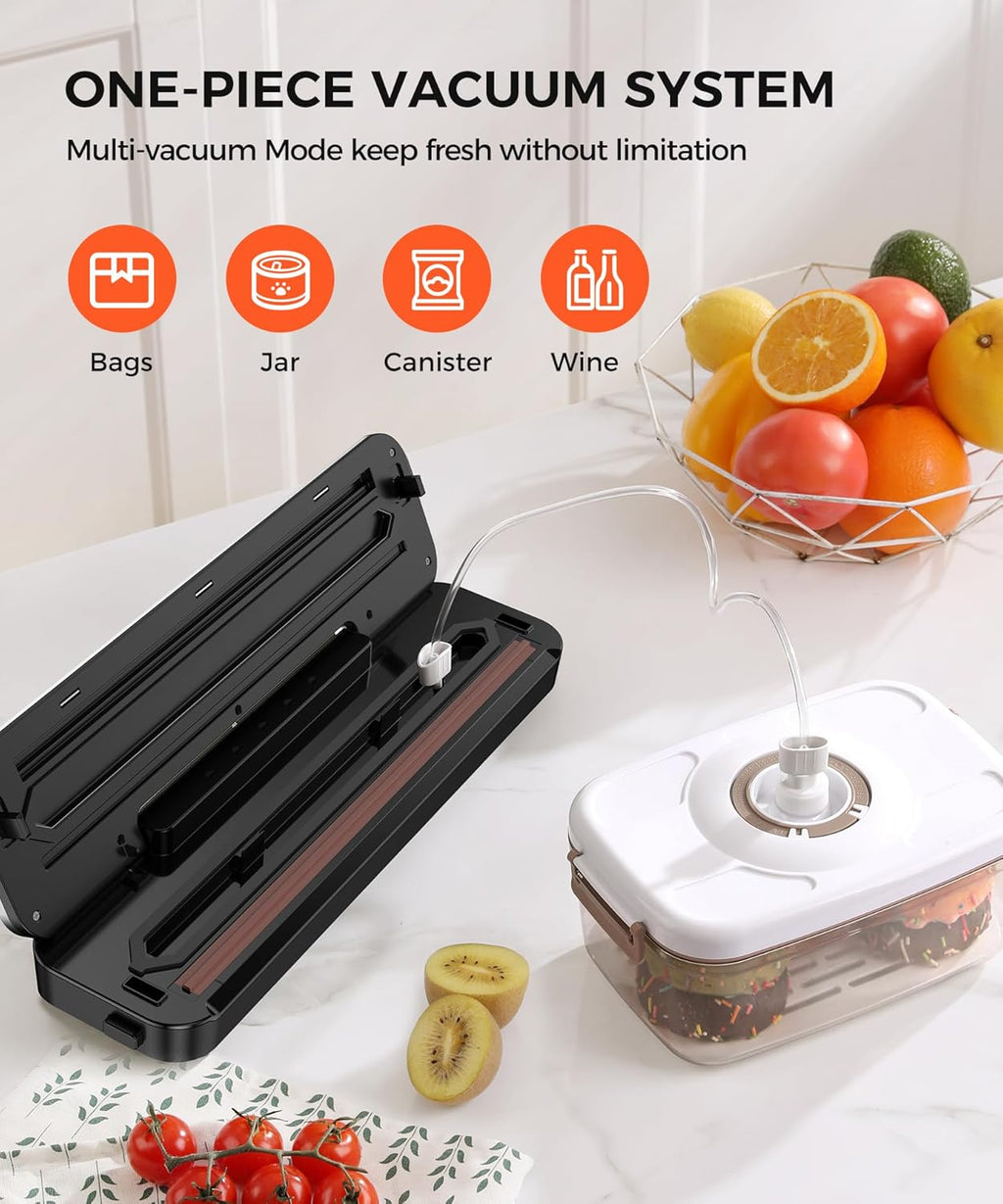 Vacuum Sealer Machine - 75KPa Food Preservation with 6-in-1 Modes & Digital Timer | Compact Design + 10 Bags (Black Silver)