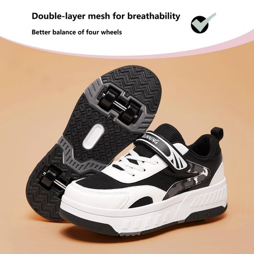 ANEFUN Summer Breathable Mesh 4-Wheel Kids Roller Skates Shoes for Boys Girls Stylish Durable Comfortable Sneaker Black
