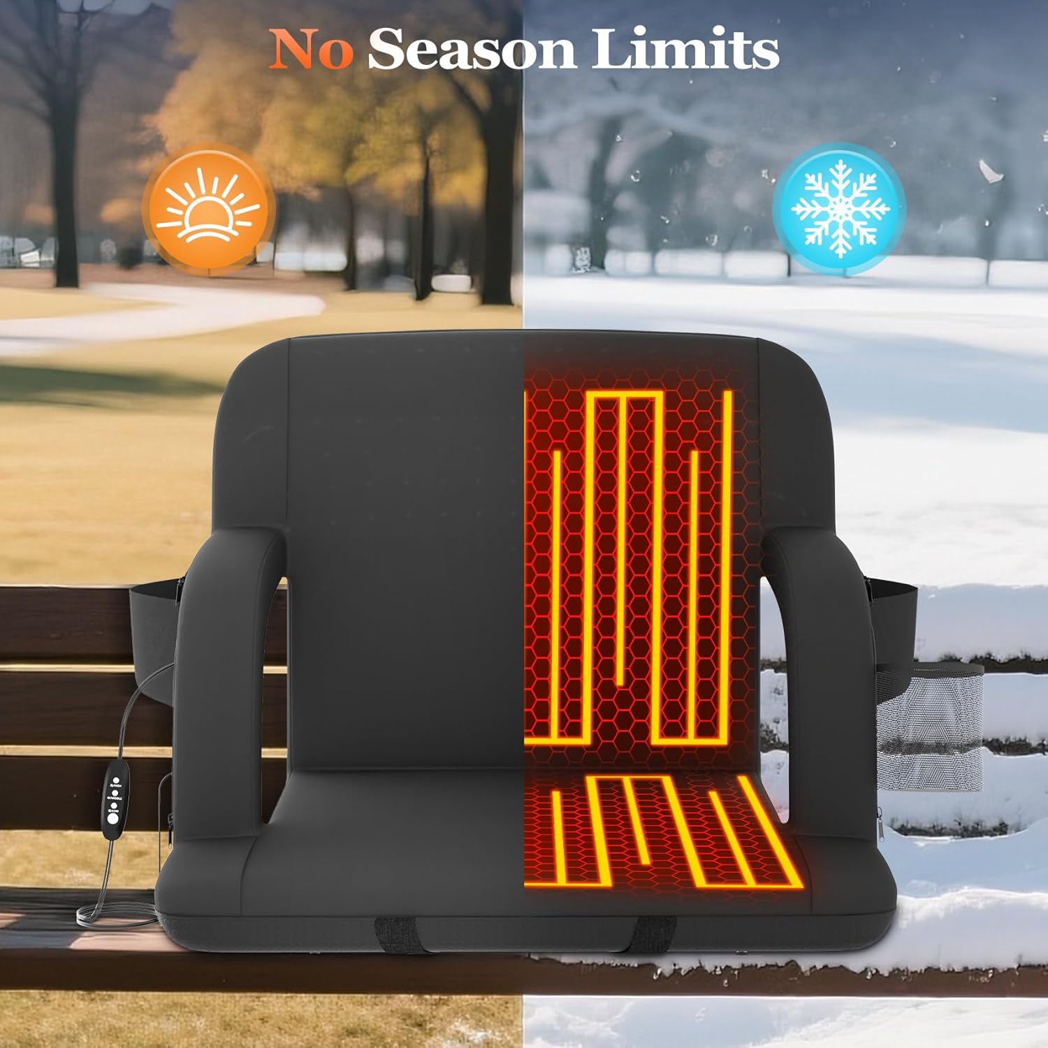 Seeutek Heated Stadium Seats - Portable Bleacher Chairs with Back Support & USB Heating | 21in, 5 Pockets