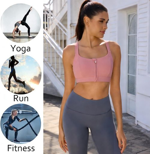 FLORATA Women's Zip Front Sports Bra - Seamless Wirefree Design with Removable Cups | Ideal for Yoga & Post-Surgery