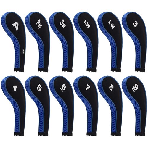 Andux 12pcs/Set Golf Iron Club Head Covers Number Print Long Neck with Zipper Black/Blue