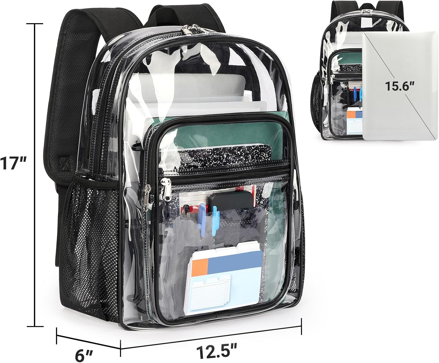 ZORFIN Clear Backpack - Heavy Duty 17in Transparent PVC Bag with Large Capacity & Reinforced Straps | Black