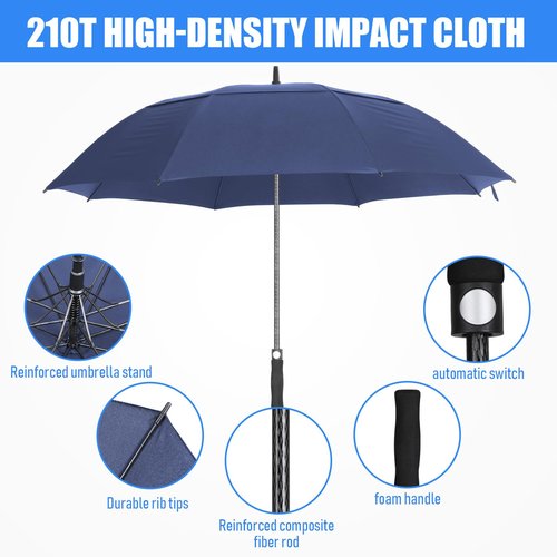 Jexine 10 Pcs Large Automatic Open Golf Umbrella 62 Inch Double Canopy Rain Umbrella Windproof Waterproof Heavy Duty for Men Women Family Travel Sports (Dark Blue)