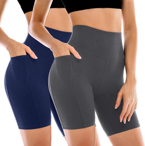 Leafigure High Waisted Biker Shorts for Women - 2 Pack with Pockets for Gym & Workout