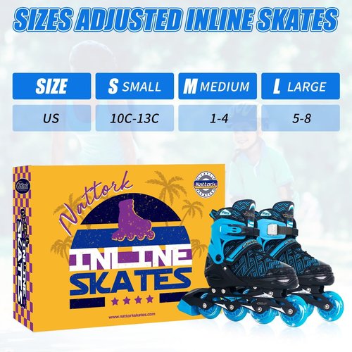 Nattork Adjustable Inline Skates for Little Kids Boys with Light up Wheels - Blue Child Blade Roller Skating for Beginners Size 1 2 3 4 Ages 7 8 9 10