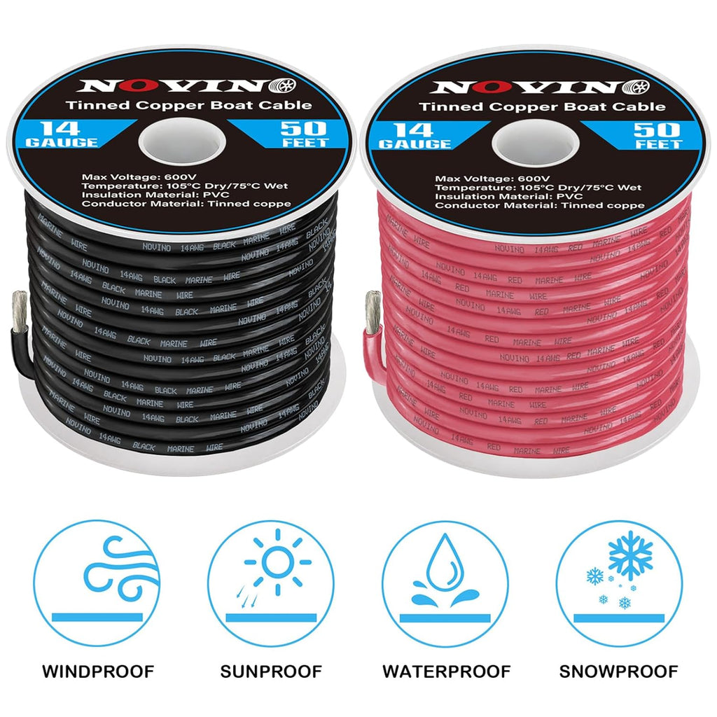 **Skiennix 14 AWG Marine Wire - 50FT Red & 50FT Black Tinned Copper Cable for Boats & RVs**