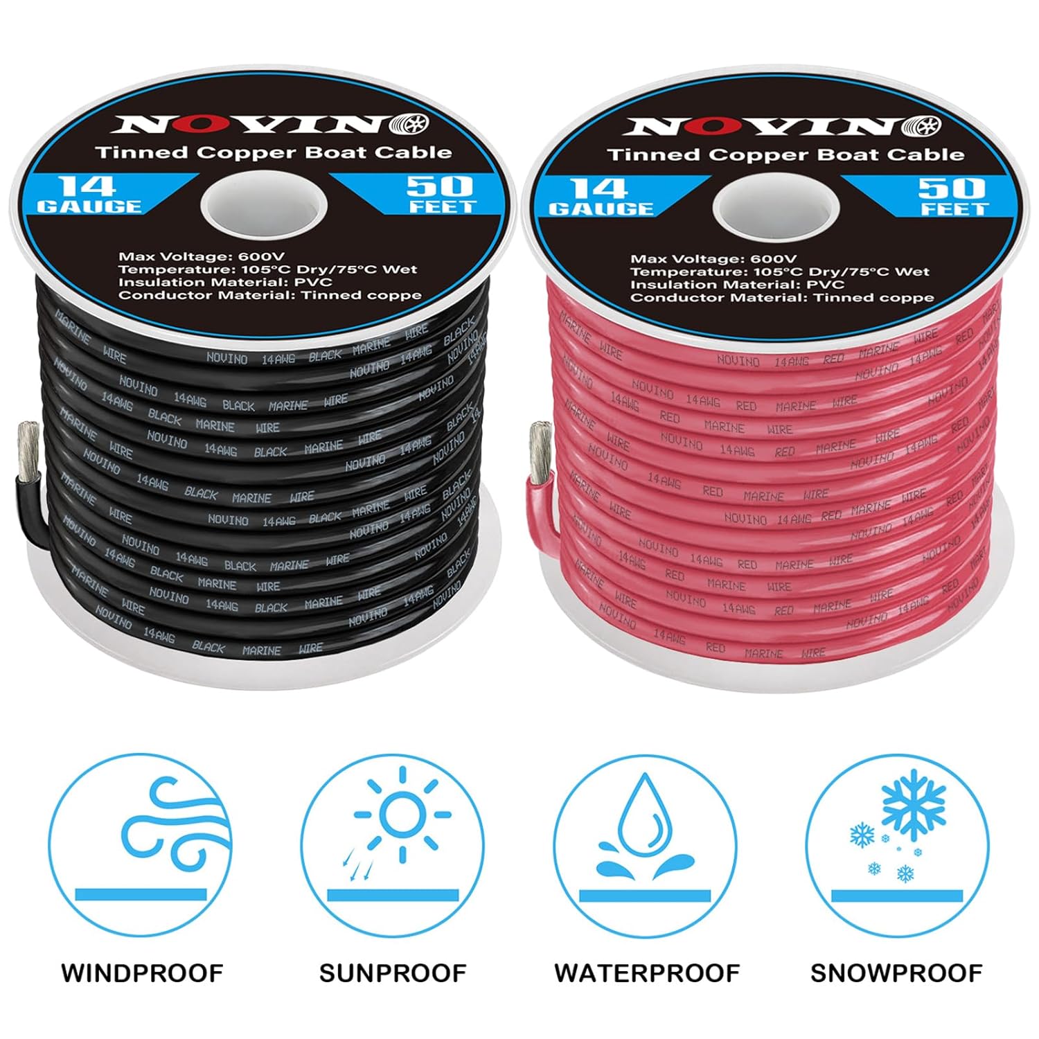 **Skiennix 14 AWG Marine Wire - 50FT Red & 50FT Black Tinned Copper Cable for Boats & RVs**