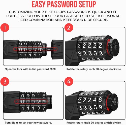 Electric Bike Lock, 5-Digit Resettable Combination Cable Lock for Scooters, Motorcycle, Ideal Anti-Theft Bicycle Lock