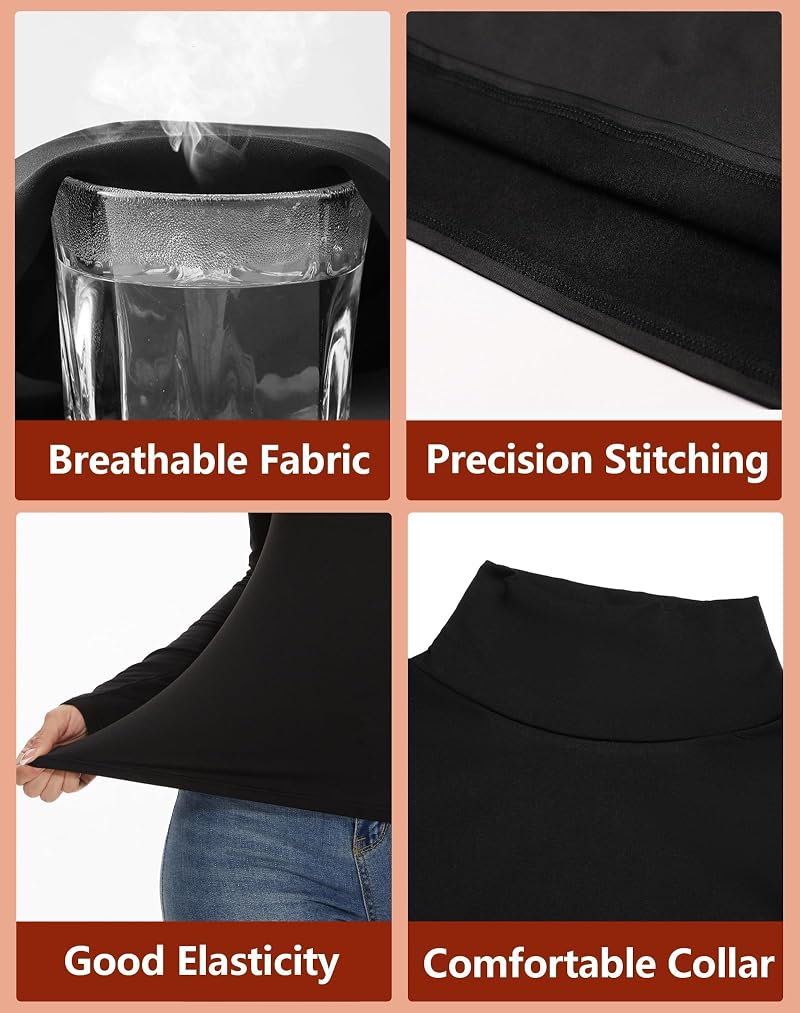 Dalavch 4-Pack Women's Fleece-Lined Thermal Turtleneck Shirts – Black, Heather Gray & White (Large)