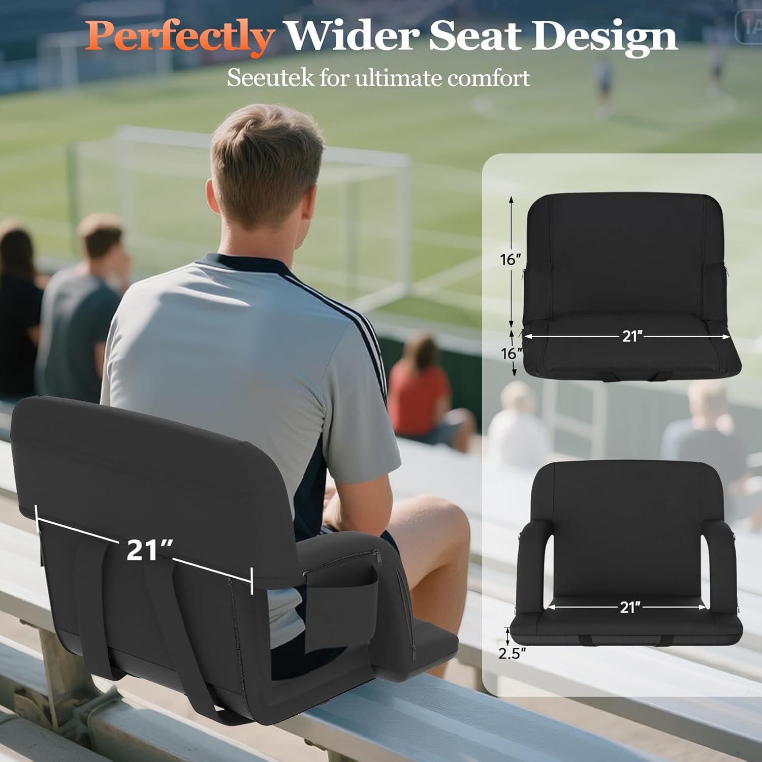 Seeutek Heated Stadium Seats - Portable Bleacher Chairs with Back Support & USB Heating | 21in, 5 Pockets