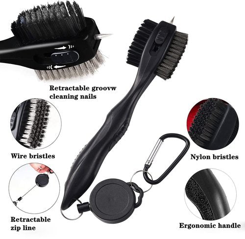 Lesunsul Golf Club Brushes, Golf Cleaning Tool, with Retractable Cleaning Nails, Nylon and Wire Bristles Oversize Double Brush Head with 2ft Retractable Zip-line Metal Buckle (Black Blue)