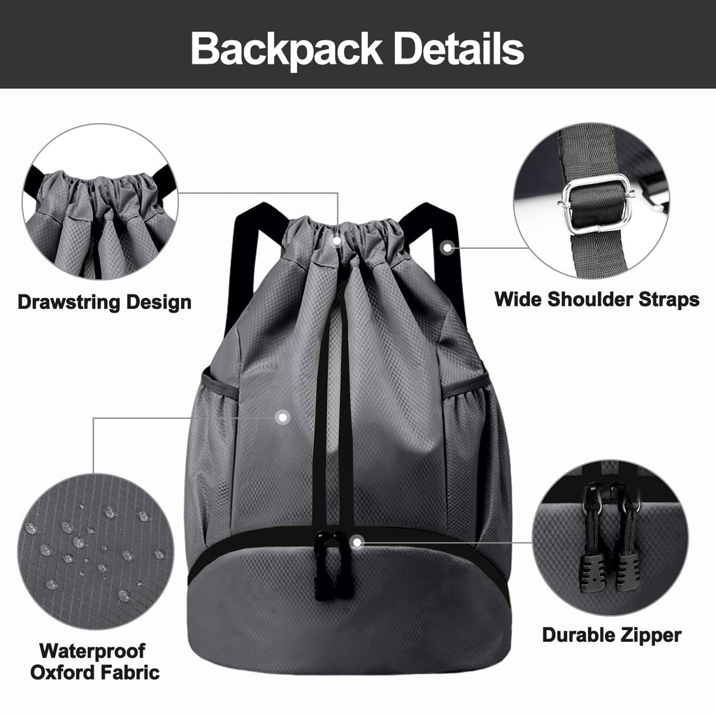 Hoedia Sports Drawstring Backpack - String Swim Gym Bag with Shoes Compartment and Wet Proof Pocket for Women/Men (Dark Grey)