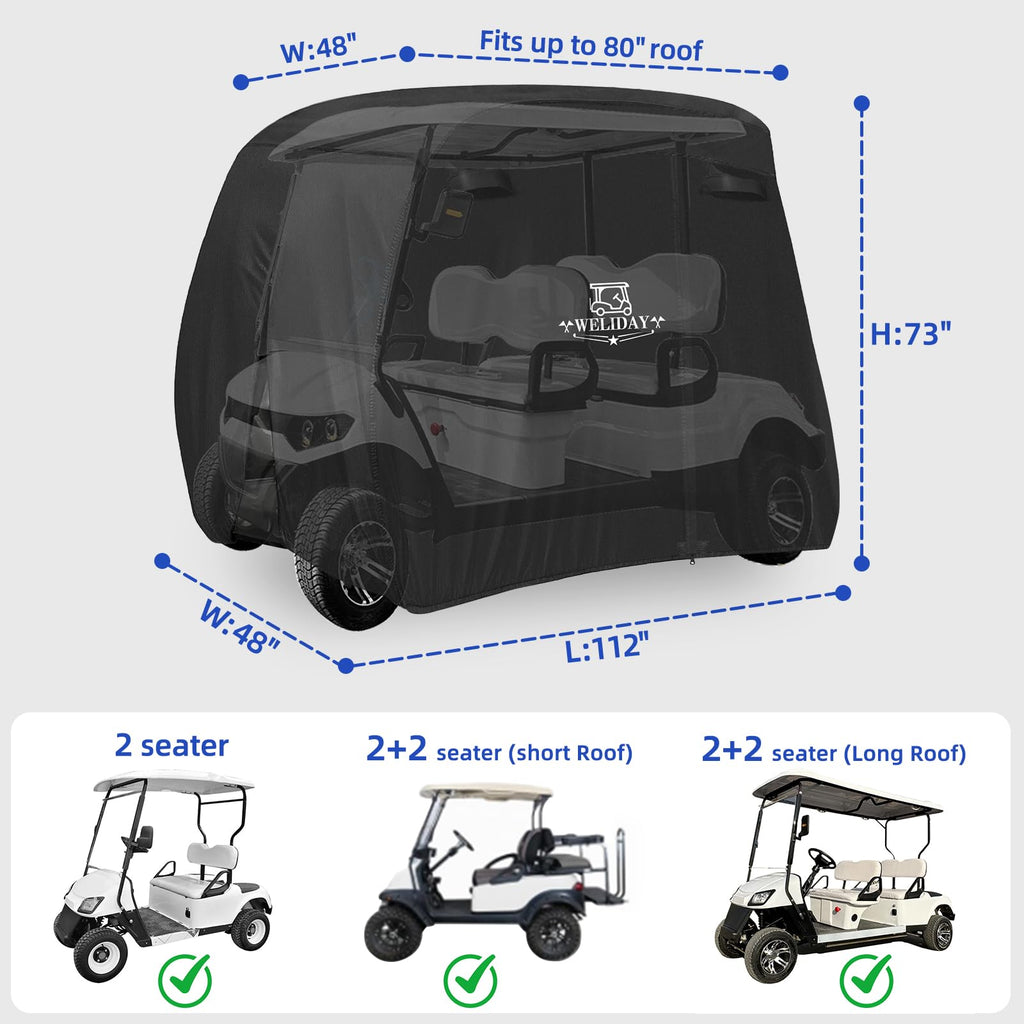 WELIDAY Golf Cart Cover Compatible with Yamaha EZGO Club Car, 2/4/4+2 Passengers Golf Cart Cover with Three Zipper Doors, Water Resistant Polyester Fabric for All-Weather Protection