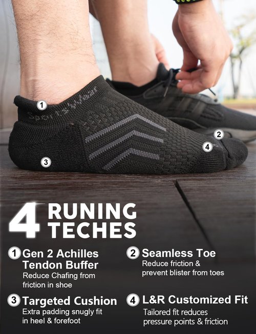 Juclise Coolmax Bamboo Viscose Compression Tab Running No Show Socks Men Moisture Wicking Cushioned Anti-Blister (US, Alpha, Large, Regular, Regular,Classic Black*3)